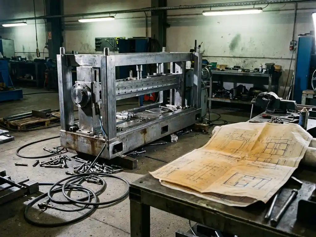 Halfgemonteerde industriële machine op fabrieksvoer met losse bouten, pneumatische slangen en verfrommelde technische tekening.