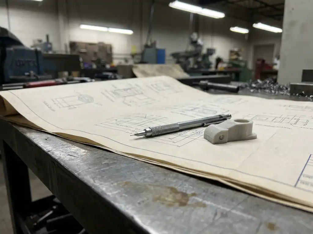 Technische blauwdruk op stalen werktafel met mechanisch potlood en 3D-geprint prototyponderdeel onder werkplaatsverlichting.