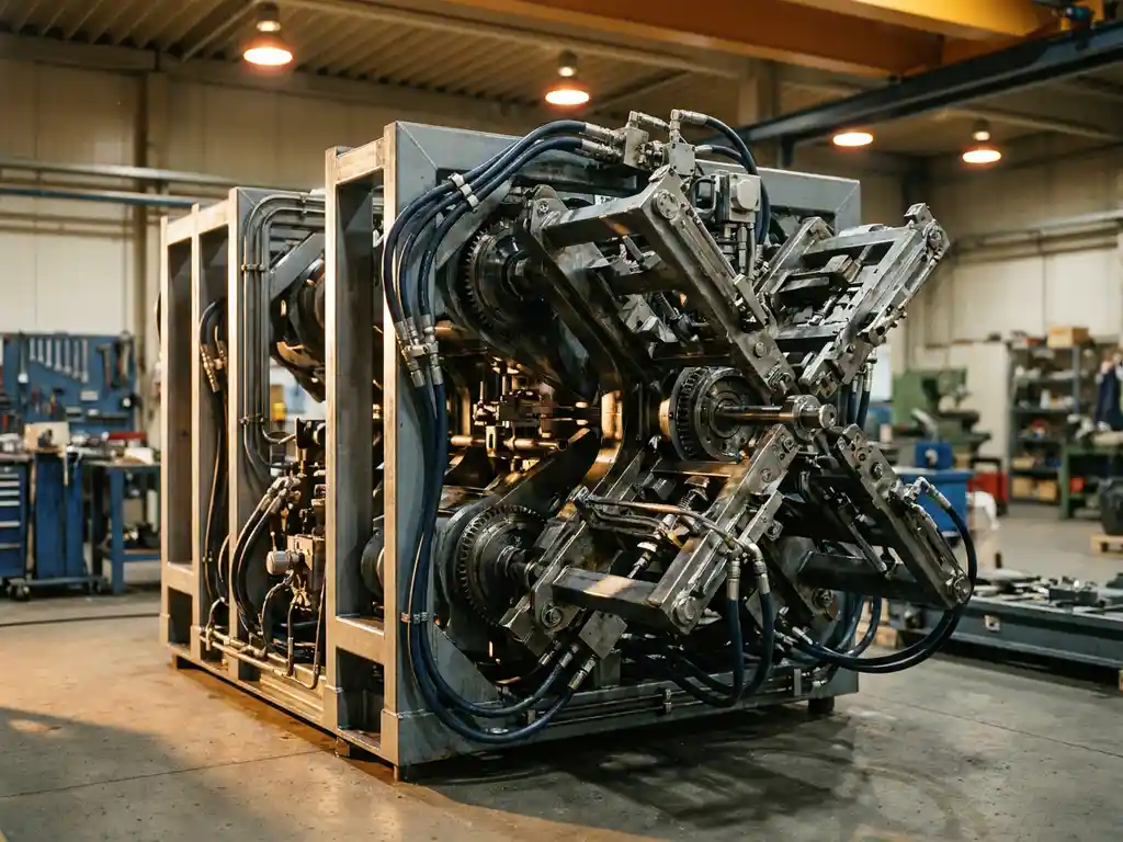 Industriële machineopstelling met hydraulische leidingen, staalframes en mechanische koppelingen op een fabriekshal vloer.
