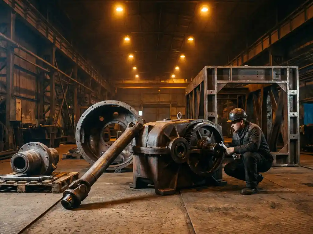 Ingenieur naast losstaande machineonderdelen — versnellingsbak, aandrijfas en frame verspreid over stalen werkplaatsvloer in warm amberkleurig licht.