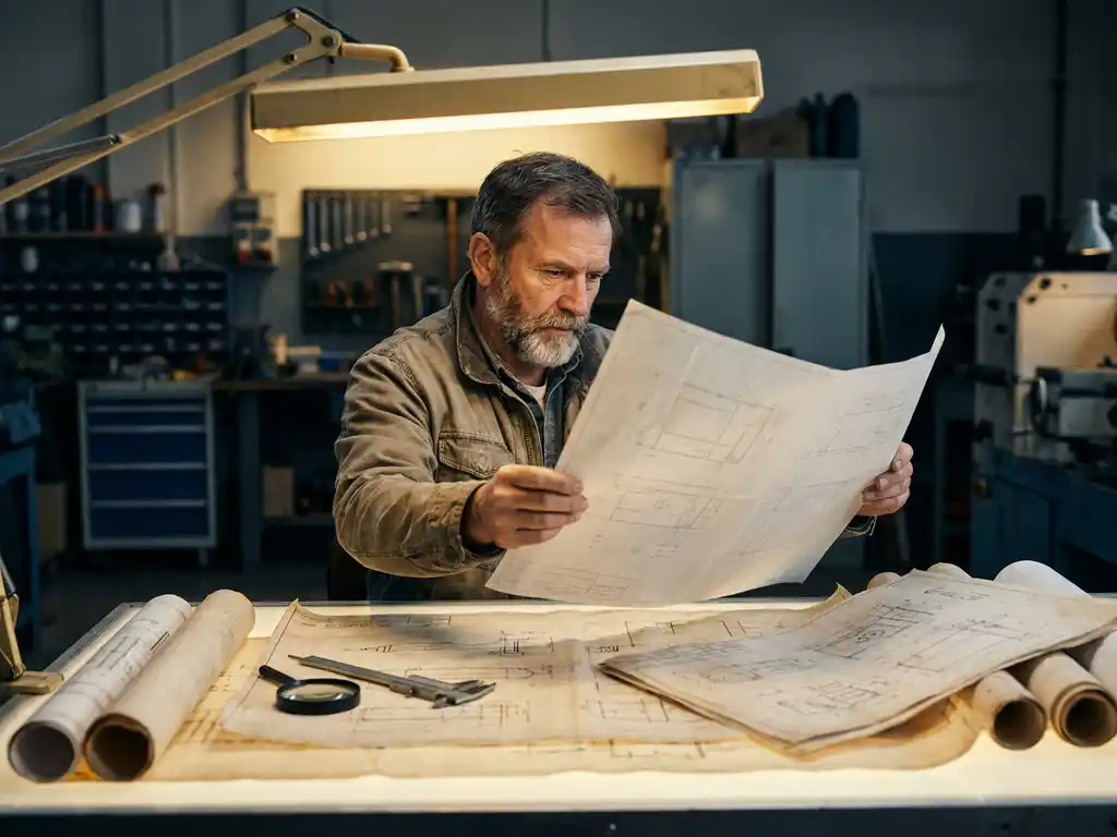 Ervaren ingenieur bestudeert technische blauwdruk aan verlichte tekentafel, omringd door mechanische tekeningen en een schuifmaat.