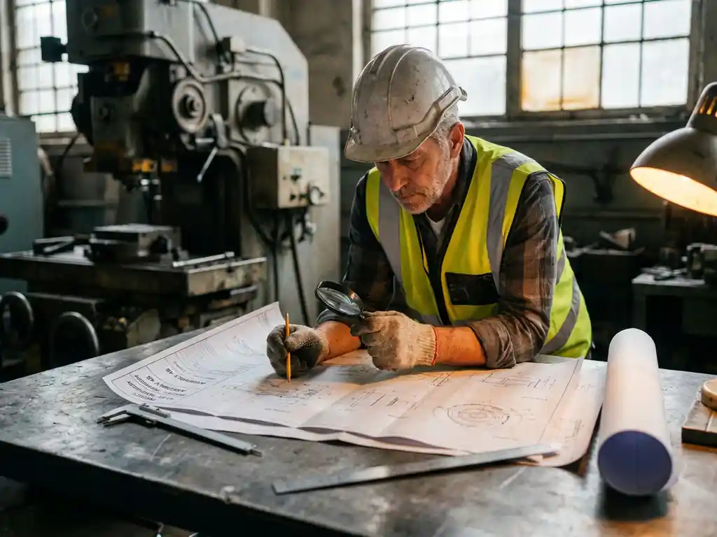 Externe ingenieur met helm bestudeert mechanische blauwdrukken op stalen werktafel, schuifmaat en industriële machine op achtergrond.