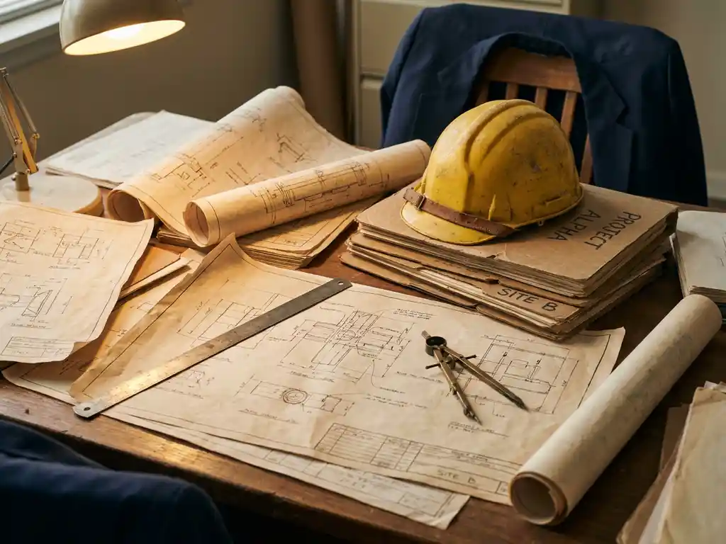 Versleten ingenieursbureau met mechanische blauwdrukken, harde hoed op projectmappen, stalen liniaal en passer op technische tekeningen.