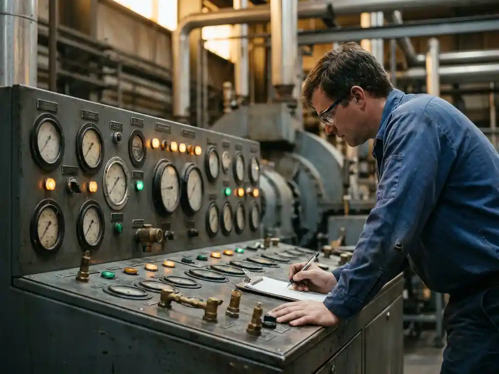 Werktuigbouwkundig ingenieur bestudeert industrieel controlepaneel met analoge meters en amber-groene indicatielampjes op een moderne fabrieksvloer.