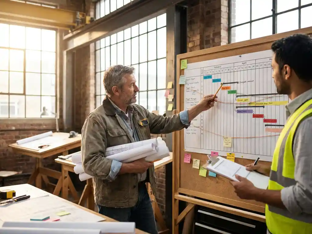 Ingenieur met blauwdrukken onder de arm bespreekt Gantt-diagram op kurkbord met projectmanager in industriële werkruimte.