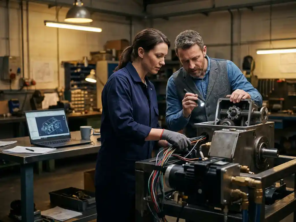 Twee ingenieurs die samenwerken aan een industriële machineprototype, één onderzoekt bedrading terwijl de ander een tandwielkast inspecteert, laptop met CAD-schema's op stalen werkbank.