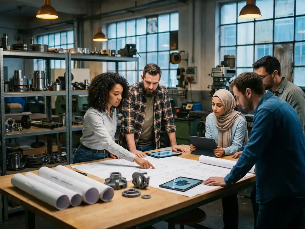 Divers engineeringteam bestudeert mechanische tekeningen en CAD-prints op een grote werktafel in een industriële werkplaats.