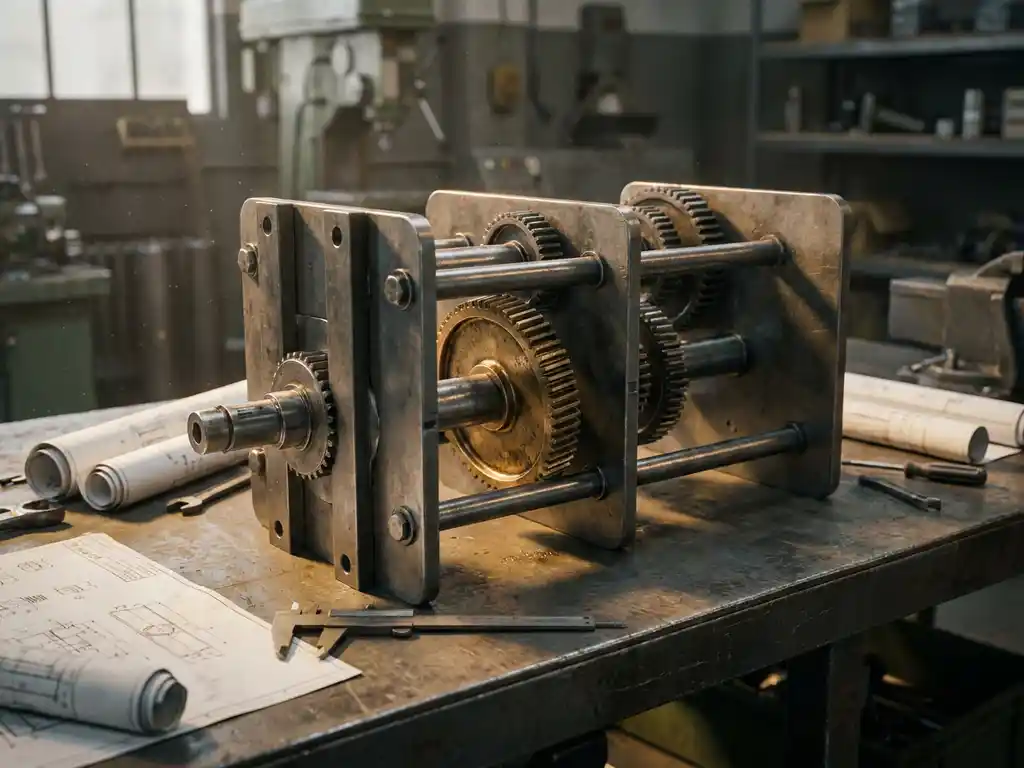 Mechanische assemblage in aanbouw op stalen werktafel, met uitgelijnde precisieonderdelen, technische tekeningen en schuifmaten in industrieel licht.