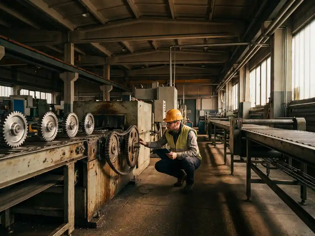 Ingenieur inspecteert versleten machineonderdeel op industriële productielijn met stalen balken en dramatische zijverlichting.