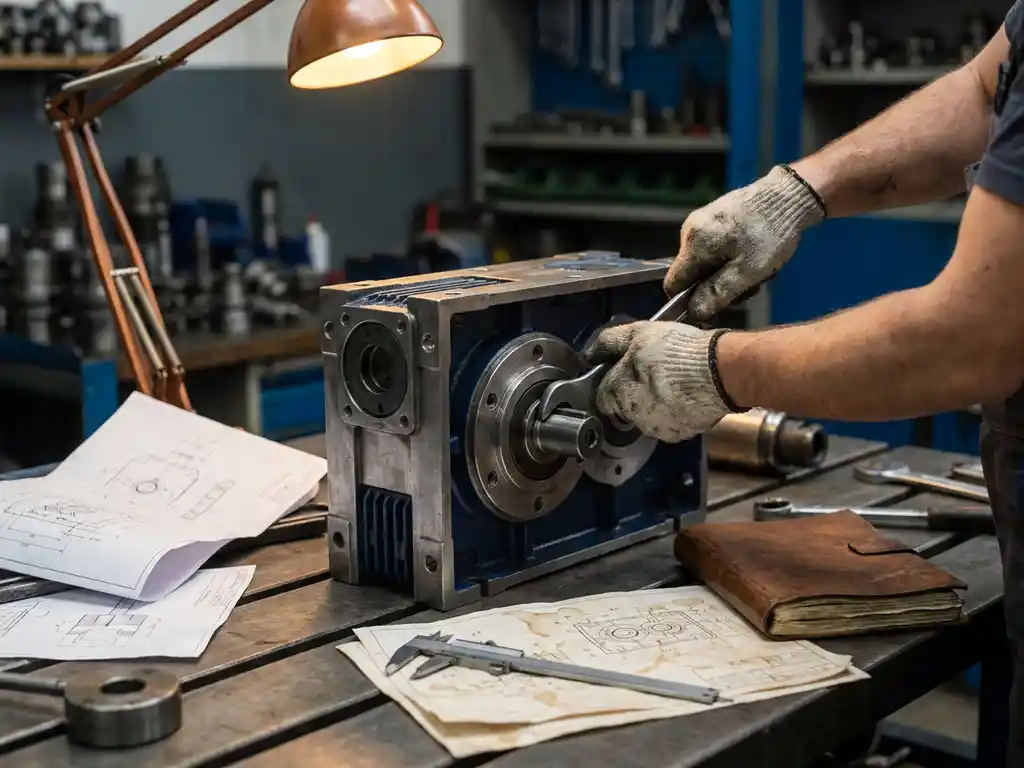 Werktuigbouwkundige handen die een bout plaatsen op een industriële machine, omringd door technische tekeningen en een schuifmaat op een stalen werktafel.