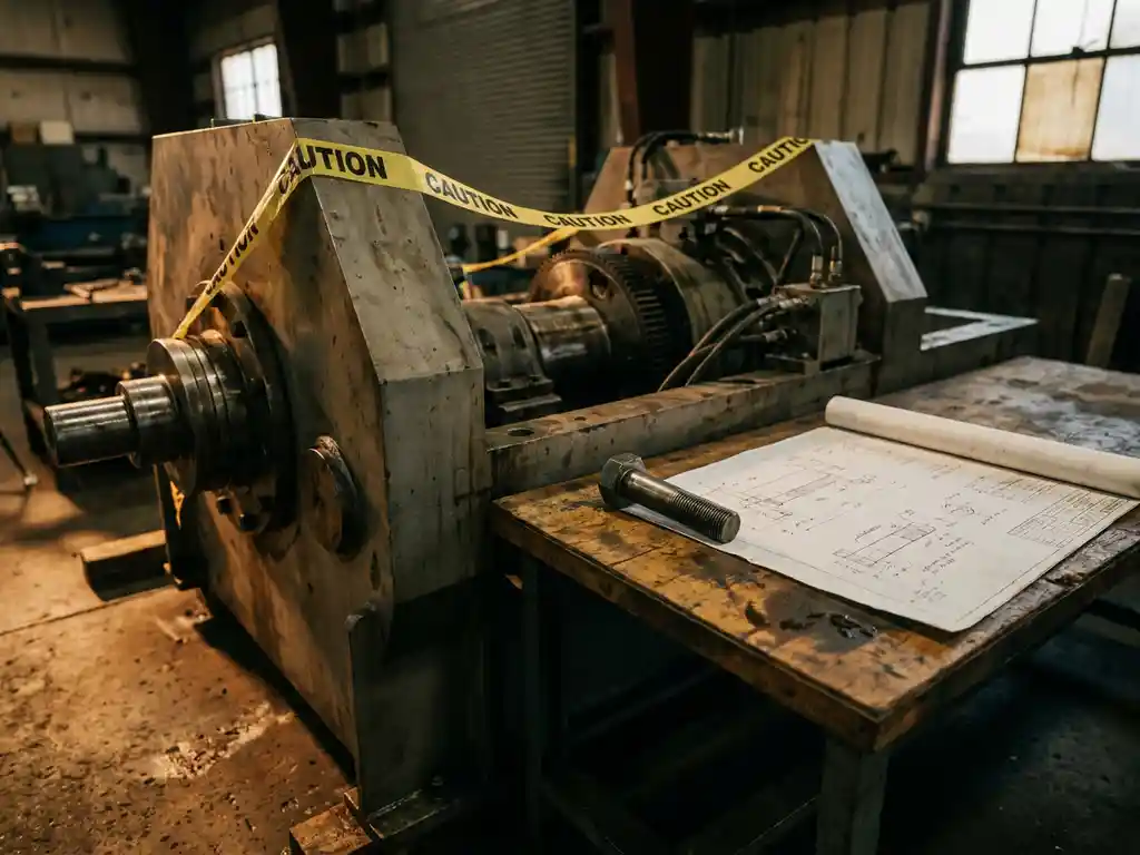Onafgemaakte industriële machineopbouw op fabrieksloer met losse bout, technische blauwdruk en geel waarschuwingslint over stalen onderdelen.