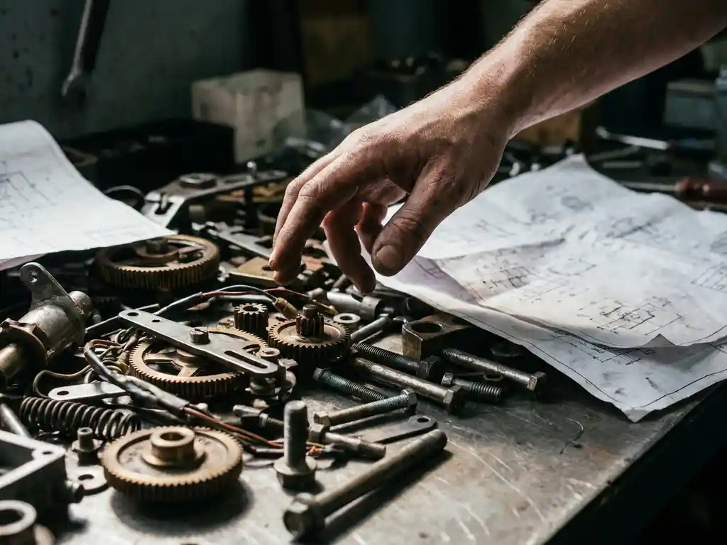 Ingenieur zweeft met hand boven onafgewerkte mechanische montage, omgeven door onvolledige technische tekeningen en niet-passende onderdelen.