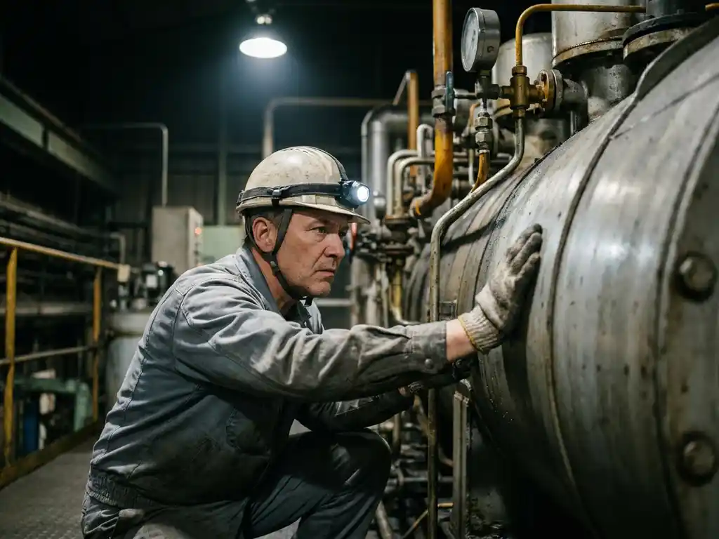 Werktuigbouwkundige onderzoekt leidingen en kleppen van industriële machine op donkere fabriekshal.