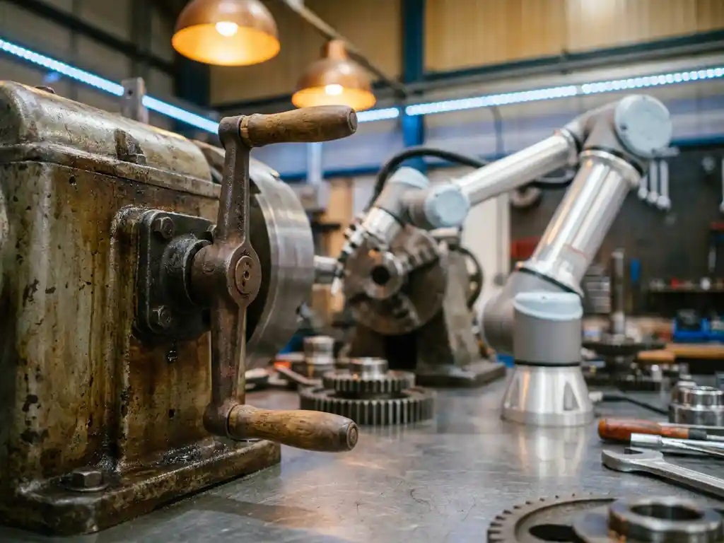 Gietijzeren handkruk van industriële machine naast modern robotarm op gepolijste staalfabrieksvloer, warme en koele tonen.