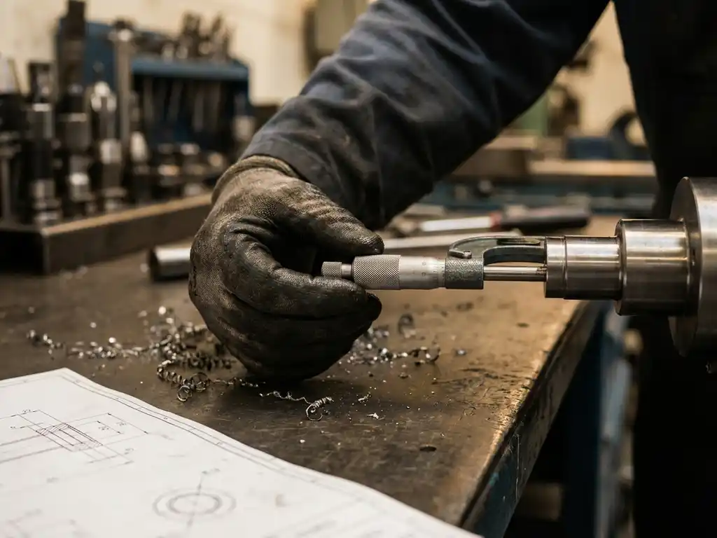 Gehandschoende hand die een micrometer afstelt op stalen machinedeel, met metaalspanen en technische tekening op werkbank.