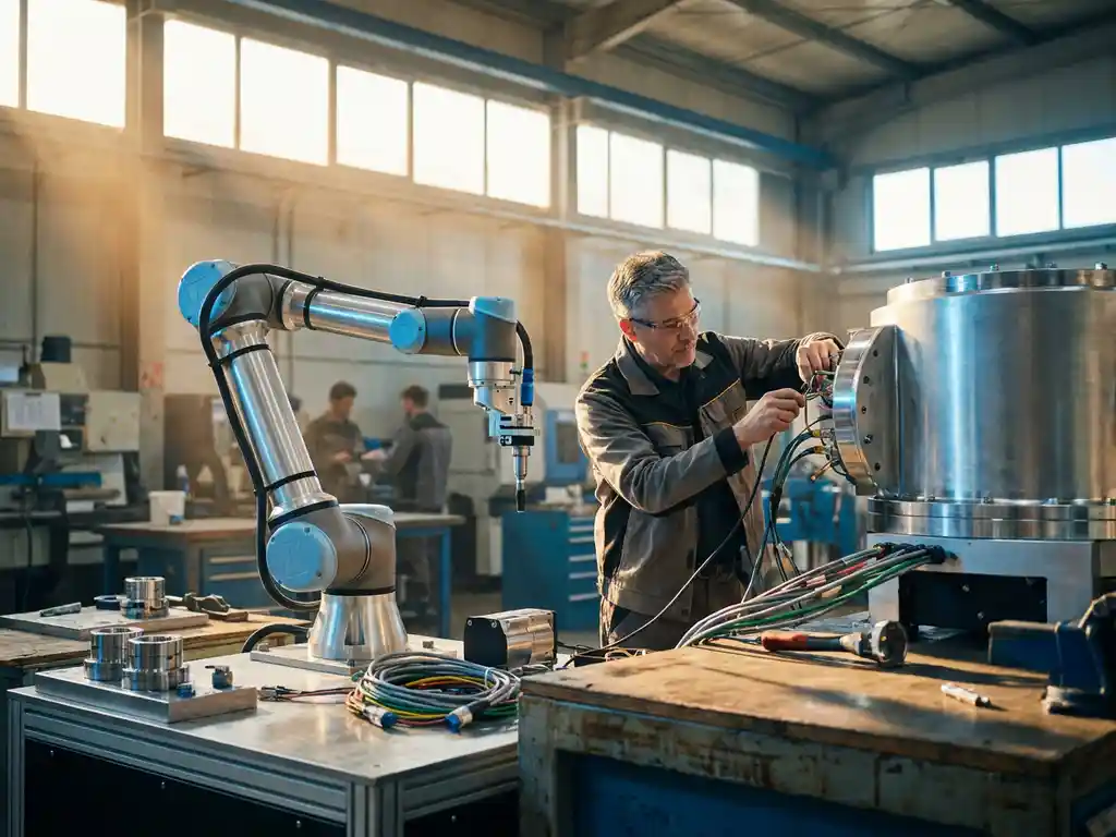 Menselijke ingenieur en robotarm werken samen aan industriële machine in moderne fabriek, met sensorkabels en precisieonderdelen zichtbaar.