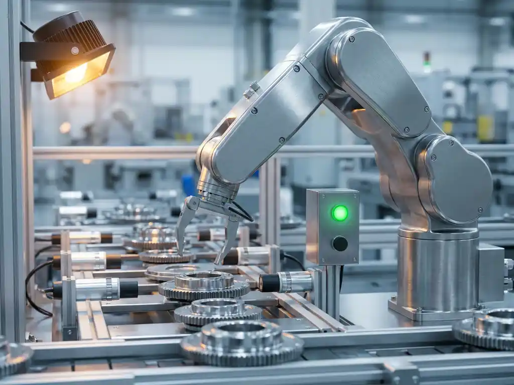 Robotarm boven een industriële transportband met stalen componenten, groen controlelampje en warme amberlichtaccenten in een fabriek.