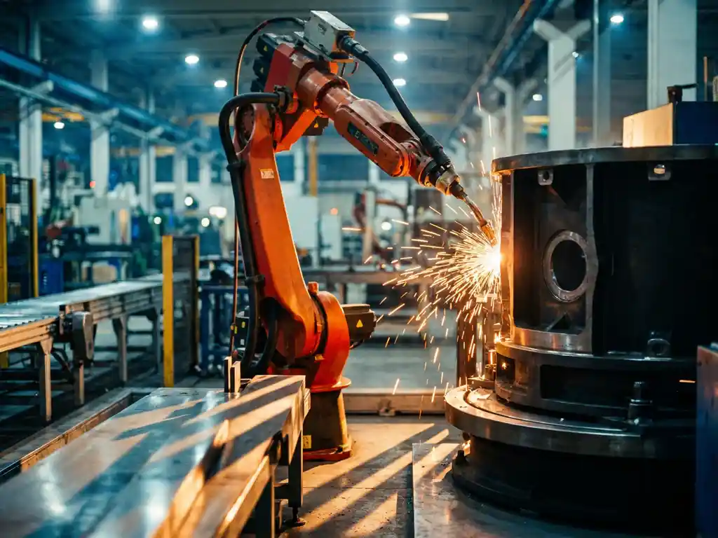 Industriële robotarm last staalonderdeel in fabriek, omringd door transportbanden en machines, met oranje vonken en dramatische belichting.