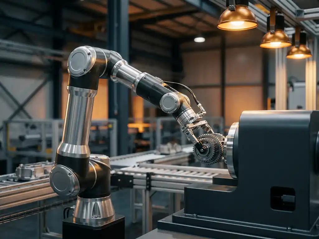 Precisie robotarm assembleert metalen machineonderdeel in moderne fabriek, met gloeiende stalen oppervlakken en transportbanden op de achtergrond.