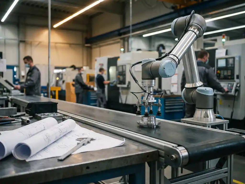 Robotarm plaatst metalen onderdeel op lopende band in industriële fabriek, met blauwdrukken en schuifmaten op stalen werkbank.