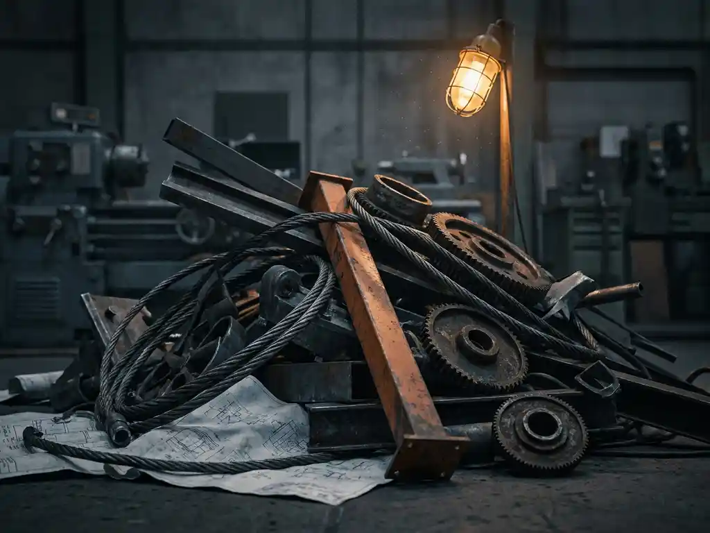 Verstrengelde stalen kabels en mechanische onderdelen op industriële werkplaatsvloer, gestabiliseerd door één steunelement, met technische blauwdrukken eronder in warm amberkleurig licht.