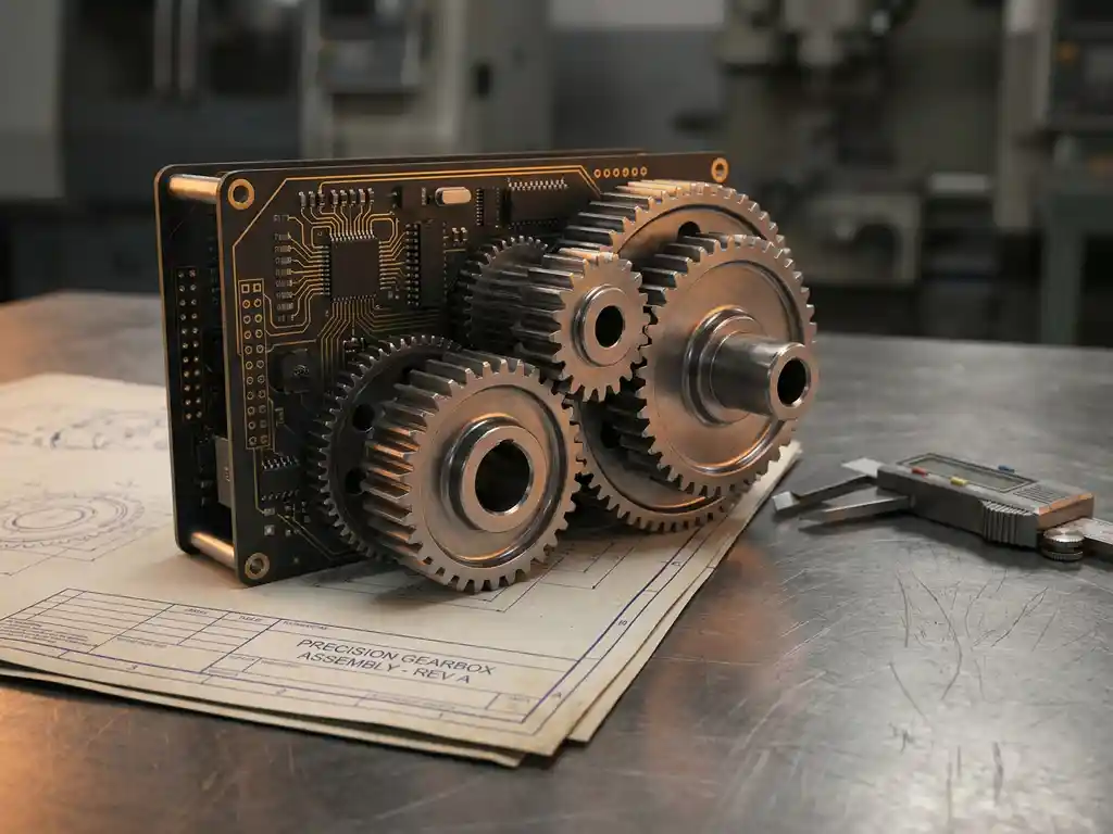 Stalen tandwielen die naadloos samenkomen met een printplaat en CAD-blauwdruk op een industriële werkbank, met een schuifmaat ernaast.