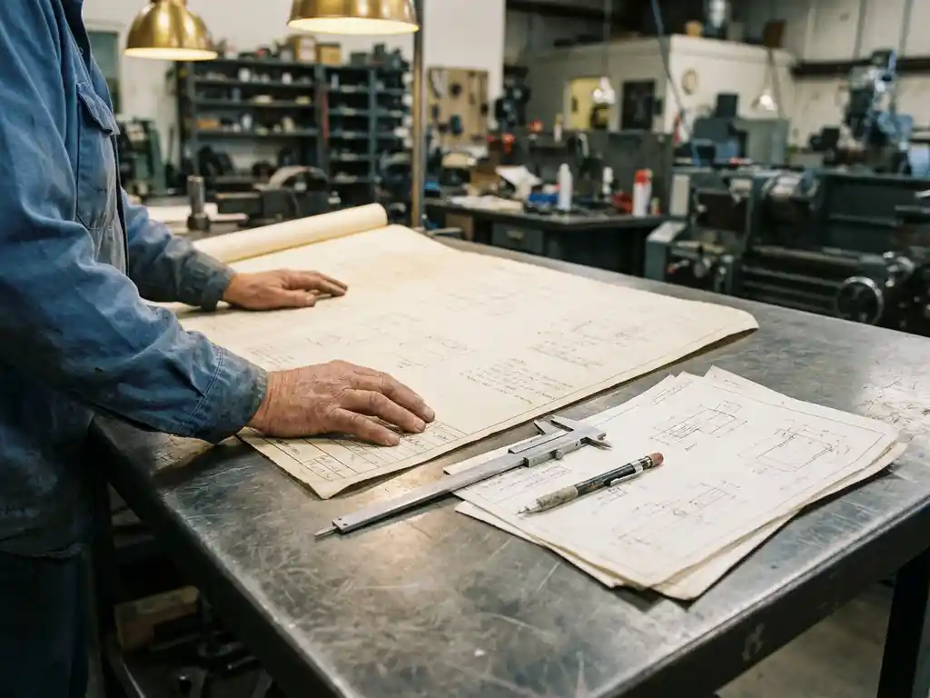 Werktuigbouwkundige spreidt technische tekeningen uit op stalen tekentafel met schuifmaat en mechanisch potlood, industriële werkplaats op achtergrond.