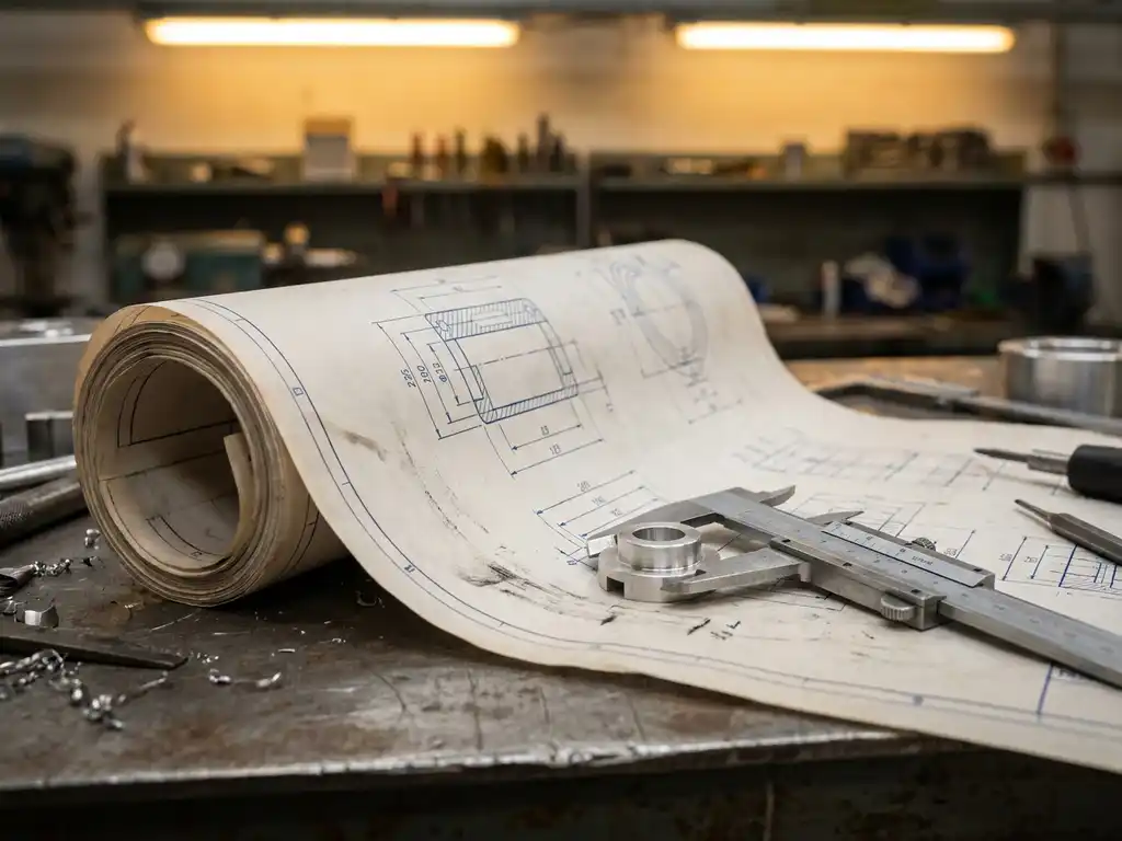 Technische tekening op stalen werktafel met maatvoering, mechanische schuifmaat meet bewerkt metalen onderdeel, industrieel licht.