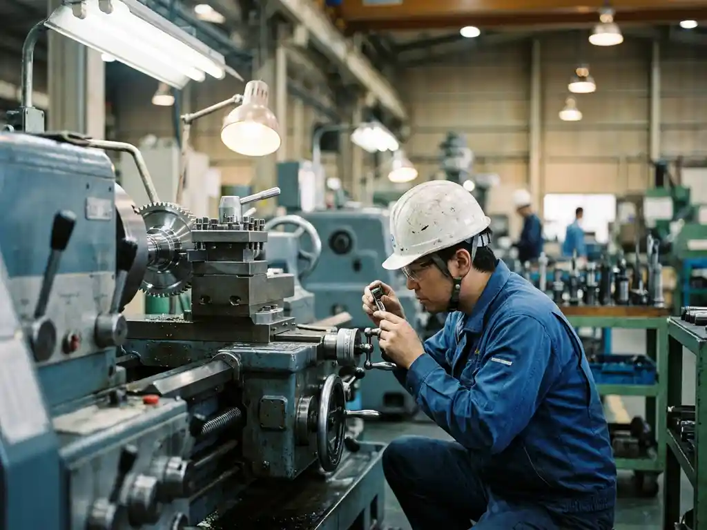 Werktuigbouwkundig ingenieur met helm inspecteert precisiecomponent bij industriële machine op fabrieksvloer.