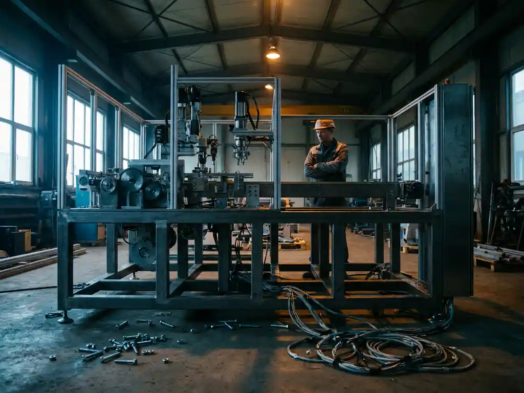 Engineer bestudeert halfgebouwde industriële automatiemachine met losse bouten en kabelbomen op fabrieksvoer.