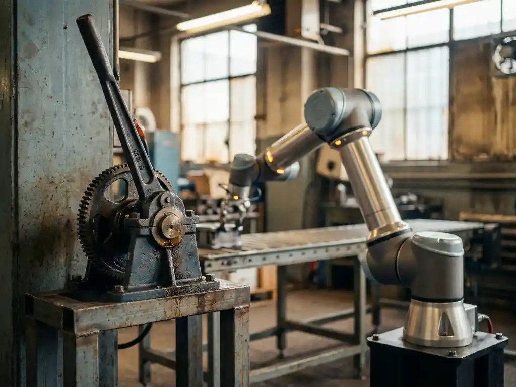 Industriële hefboom- en tandwielconstructie naast een bewegende robotarm op een fabrieksvloer, staal en amber tinten.