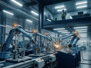 Autonome assemblagelijn met robotarmen in een staalfabriek, ingenieur observeert vanaf glazen mezzanine, industriële staalblauwe verlichting.