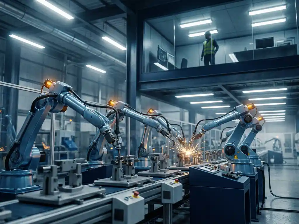 Autonome assemblagelijn met robotarmen in een staalfabriek, ingenieur observeert vanaf glazen mezzanine, industriële staalblauwe verlichting.