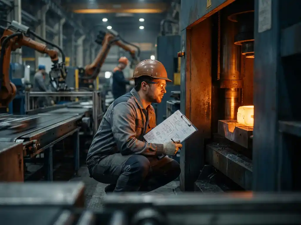 Fabrieksingenieur hurkt bij industriële machine met technische tekeningen op klembord, omgeven door transportbanden in productiehal.