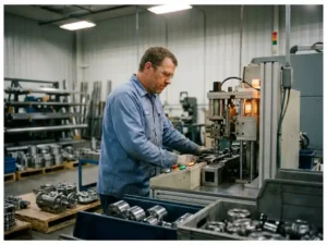 Fabrieksmedewerker in blauw werkshirt bedient een compacte geautomatiseerde assemblagemachine in een industriële werkplaats.
