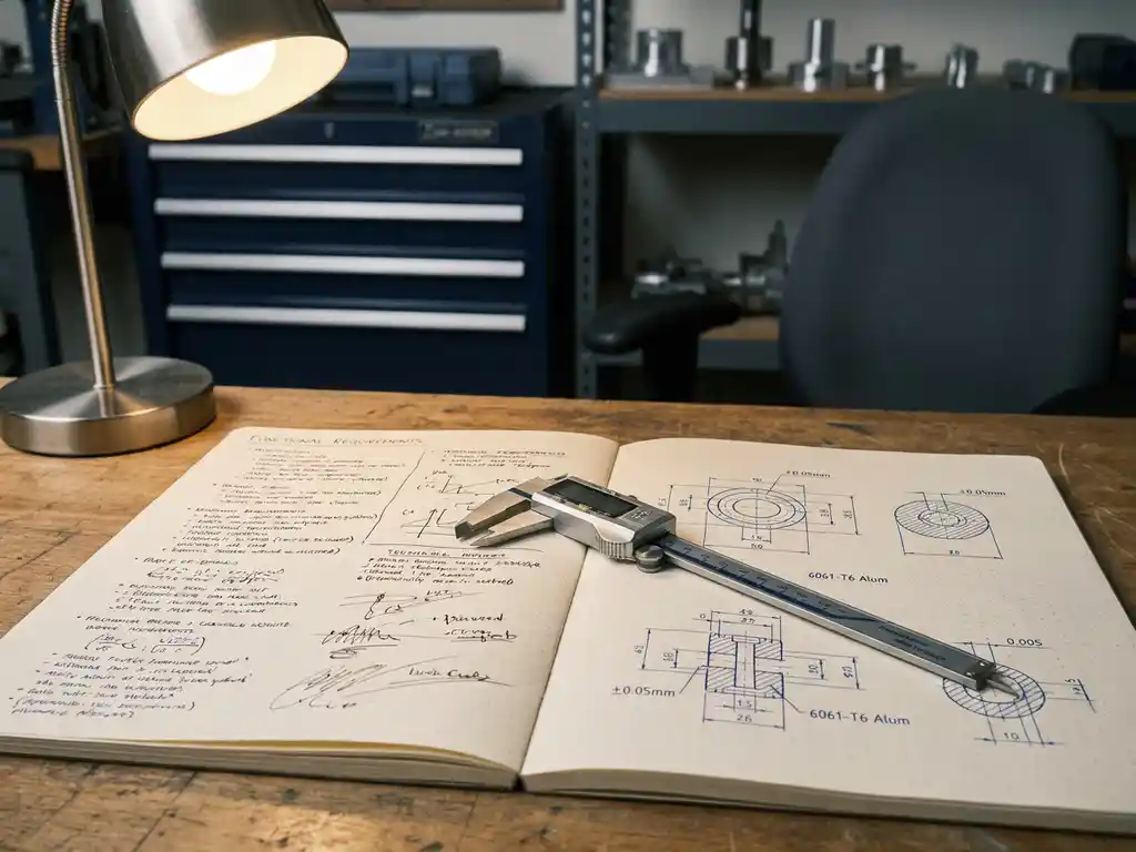 Stalen schuifmaat liggend over functionele vereisten en mechanische CAD-tekeningen op een industrieel bureau, zacht directioneel lamplicht.