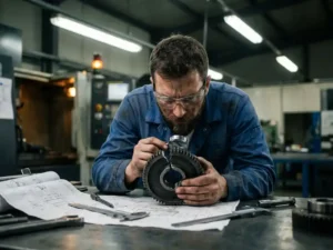 Ingenieur onderzoekt gebarsten mechanisch onderdeel tijdens eindcontrole, met technische tekeningen en schuifmaten op stalen werkbank.