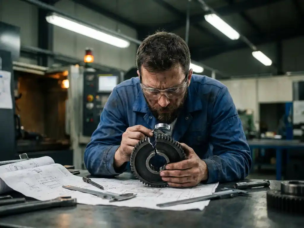 Ingenieur onderzoekt gebarsten mechanisch onderdeel tijdens eindcontrole, met technische tekeningen en schuifmaten op stalen werkbank.