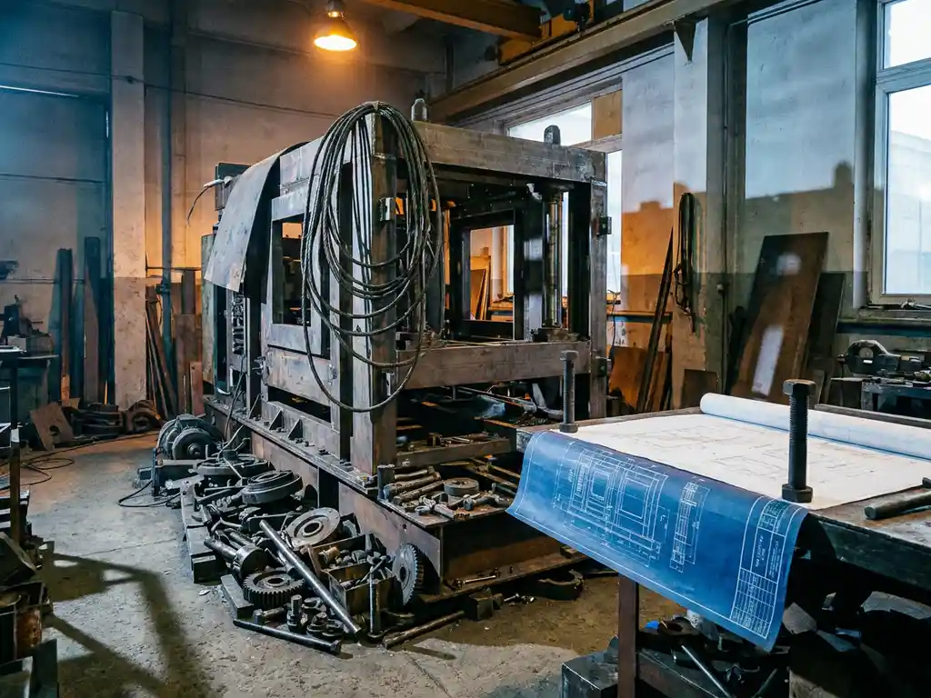 Half-geassembleerde industriële machine op een werkplaatsvloer, omringd door losse onderdelen en een opengevouwen blauwdruk.