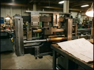 Industriële machineassemblage met hydraulische armen en stalen beugels op een fabrieksvoer, technische tekening zichtbaar op werkbank.