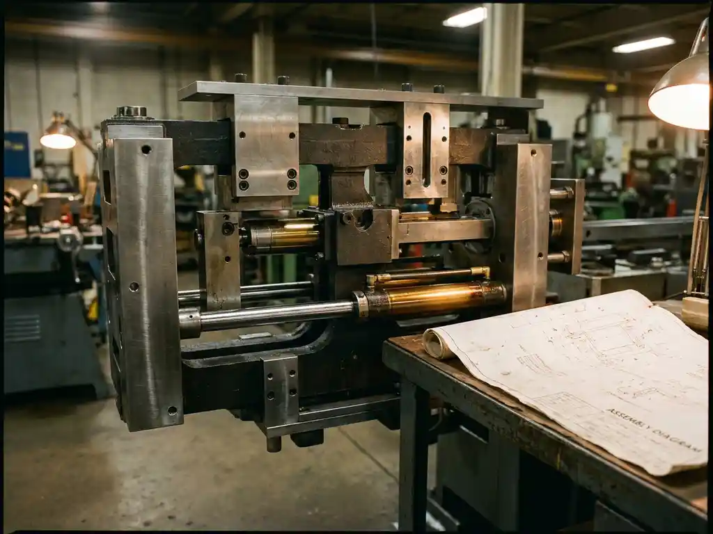 Industriële machineassemblage met hydraulische armen en stalen beugels op een fabrieksvoer, technische tekening zichtbaar op werkbank.