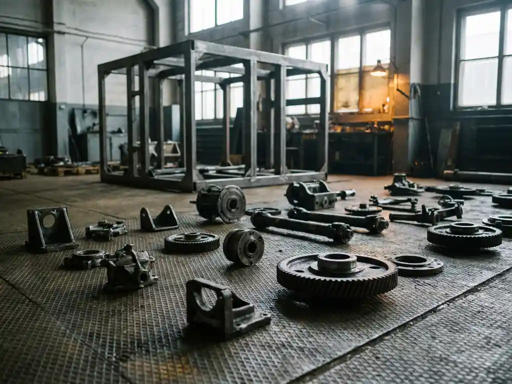 Gedemonteerde industriële machine met verspreide tandwielen, assen en beugels op een stalen werkvloer, halfafgebouwd frame op de achtergrond.