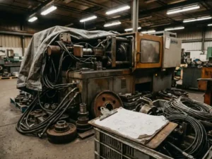 Gedemonteerde industriële automatiemachine in wederopbouw, omgeven door losse onderdelen, kabelbooms en stalen panelen op een fabriekswerkvloer.