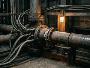 Industriële leidingen en hydraulische slangen bij een stalen flensverbinding in een fabriek, met een uitgelijnde connector en amberkleurig werklicht.