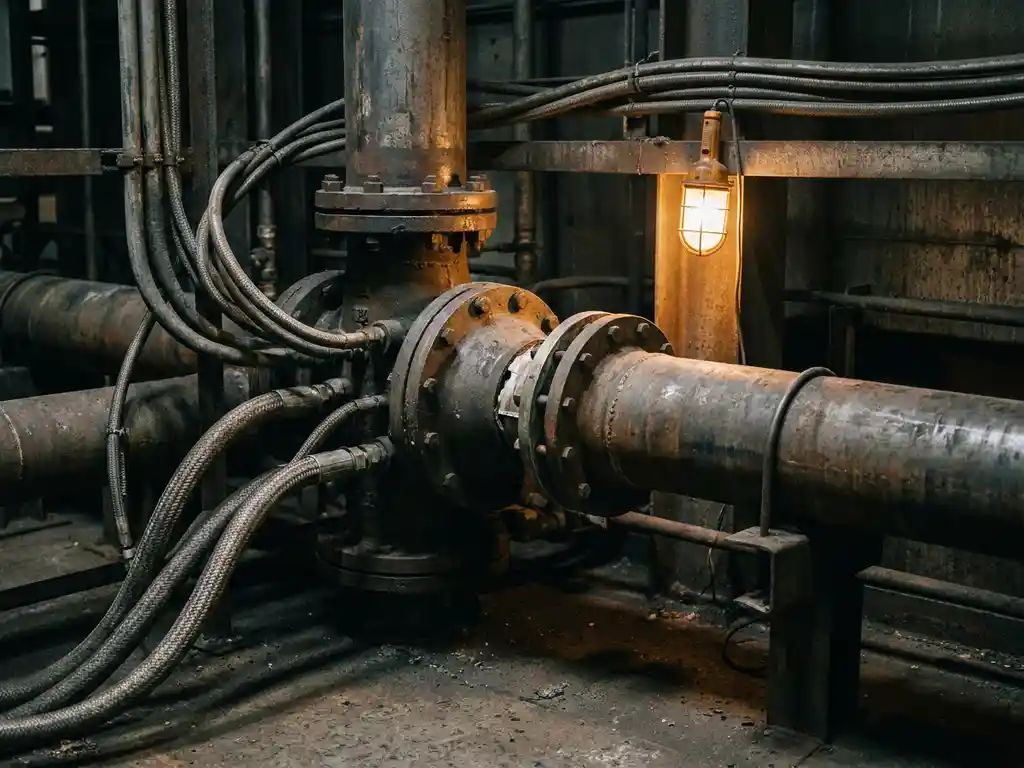 Industriële leidingen en hydraulische slangen bij een stalen flensverbinding in een fabriek, met een uitgelijnde connector en amberkleurig werklicht.