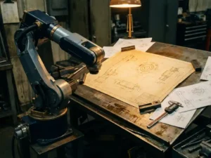 Industriële robotarm naast mechanische blauwdruk op stalen werktafel met digitale schuifmaat en technische tekeningen.