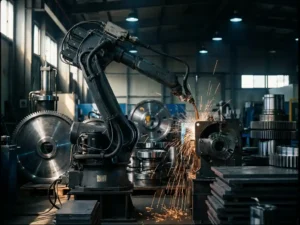 Industriële robotarm last staalcomponent op fabrieksvloer, vonken spatten in warme amberkleurige bogen langs hydraulische cilinders.