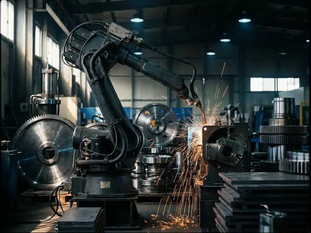 Industriële robotarm last staalcomponent op fabrieksvloer, vonken spatten in warme amberkleurige bogen langs hydraulische cilinders.