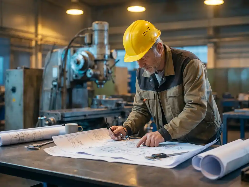 Ervaren ingenieur met helm bestudeert mechanische blauwdrukken op stalen werktafel, met schuifmaat en industriële machine op achtergrond.