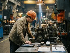 Werktuigbouwkundig ingenieur met helm inspecteert industriële machine op fabrieksvloer, verlicht component op stalen werkbank.